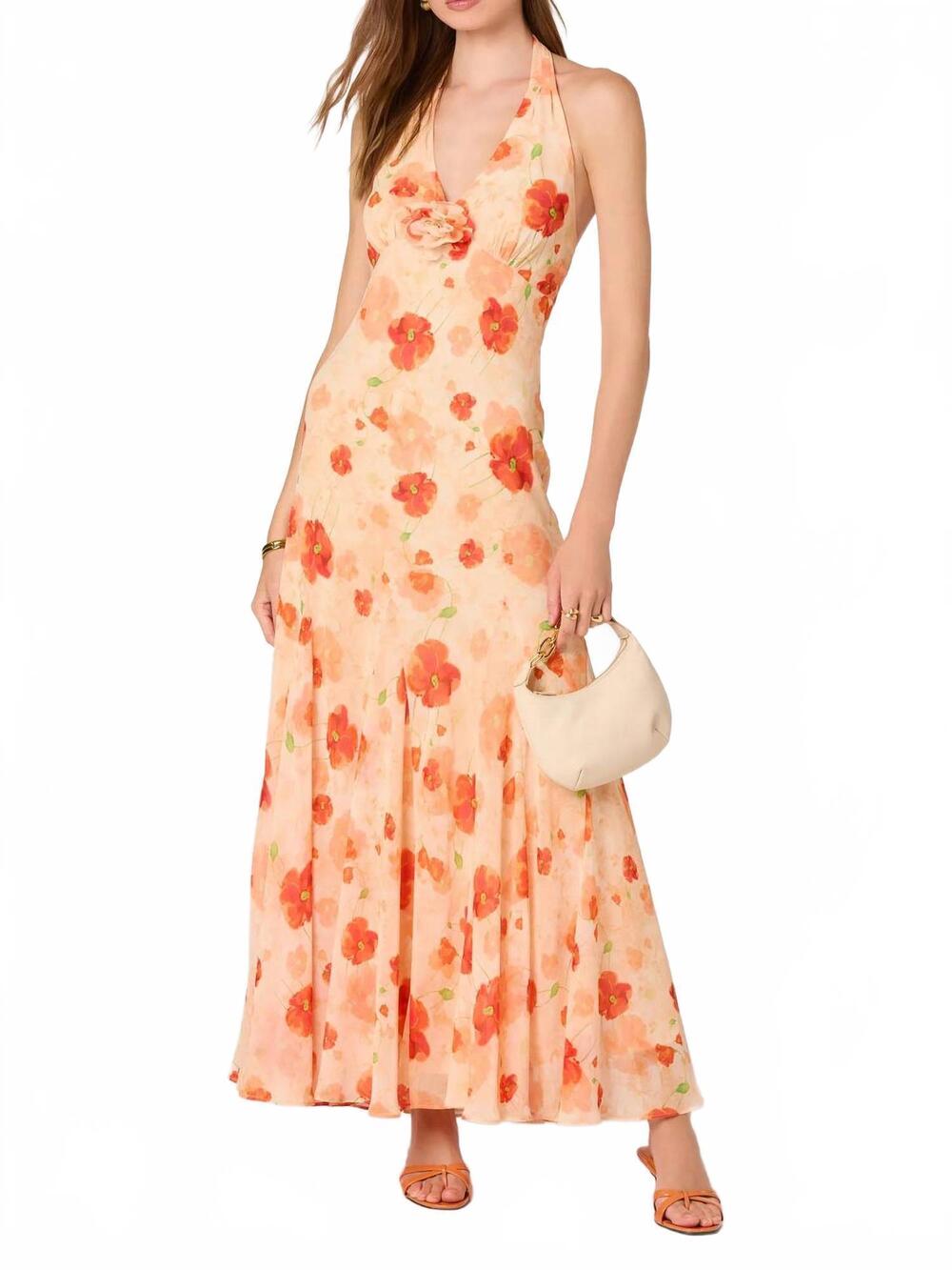 NEW ASTR yasmeen chiffon halter maxi dress in orange floral